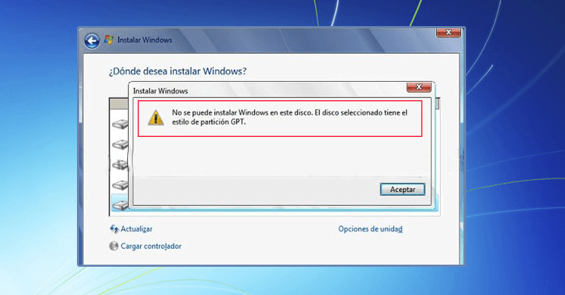 No se puede instalar Windows en este disco